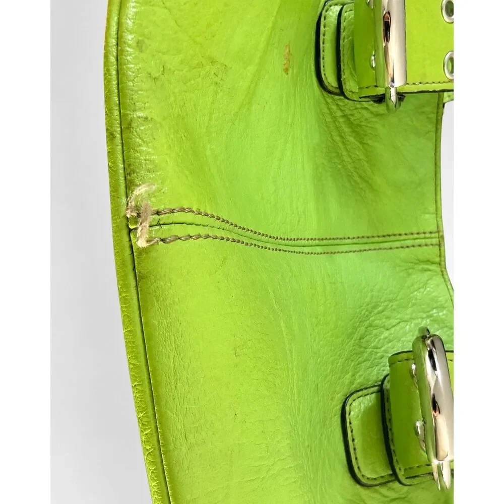 Tignanello Lime Green Leather Shoulder Bag Y2K Buckle Grommet Purse